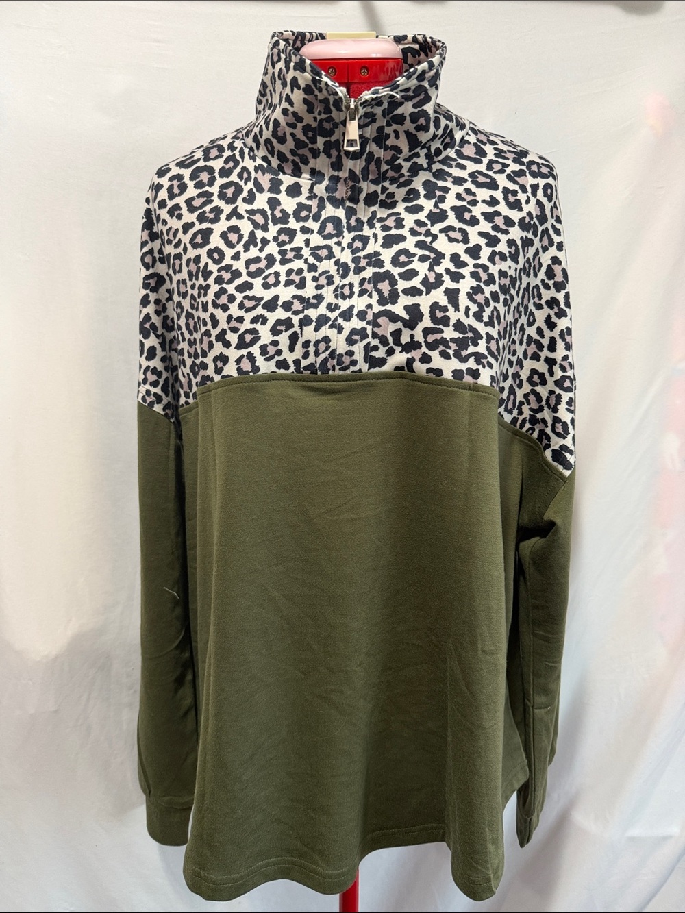 Leopard-Yoke Olive Green Half-Zip Pullover Hoodie